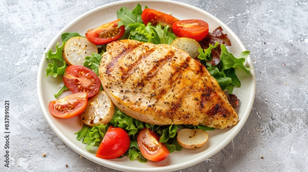 a plate of chicken fillet accompanied by salad and tomatoes, presented on a white background in a top-down view, set against a light gray concrete table a plate of chicken fillet accompanied by salad and tomatoes, presented on a white background in a top-down view, set against a light gray concrete table