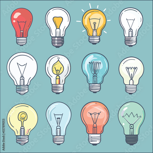 Collection colorful light bulbs showing various filament designs teal blue background. Creative concept electricity, energy, innovation, ideas. Handdrawn illustration style, diverse bulbs