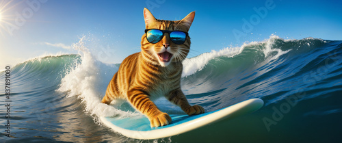 Cute cat wearing sunglasses surfing the ocean waves on a bright sunny day