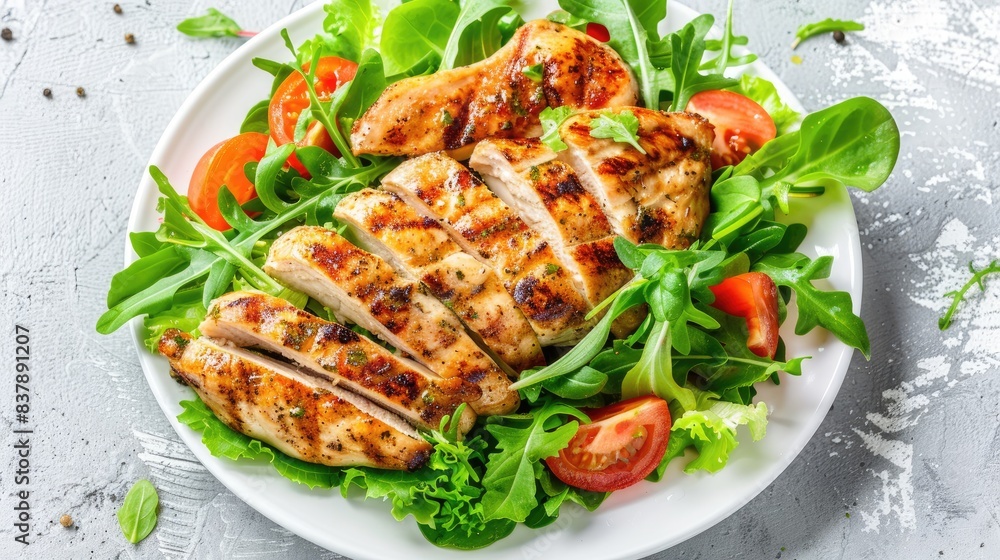 a plate of chicken fillet accompanied by salad and tomatoes, presented on a white background in a top-down view, set against a light gray concrete table a plate of chicken fillet accompanied by salad and tomatoes, presented on a white background in a top-down view, set against a light gray concrete table
