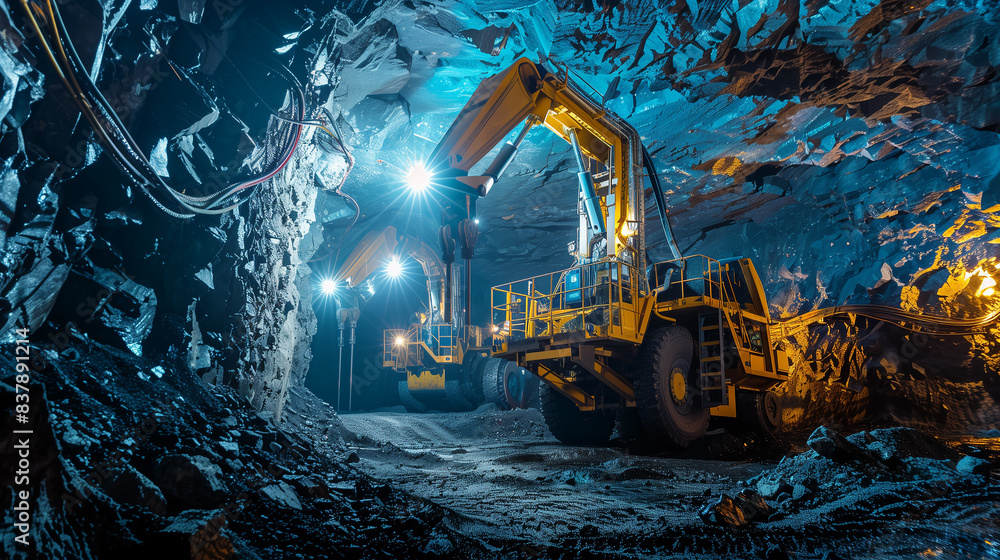 A large yellow and black machine is in a cave. The machine is ...