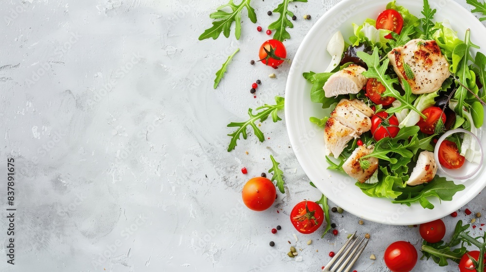 a plate of chicken fillet accompanied by salad and tomatoes, presented on a white background in a top-down view, set against a light gray concrete table a plate of chicken fillet accompanied by salad and tomatoes, presented on a white background in a top-down view, set against a light gray concrete table