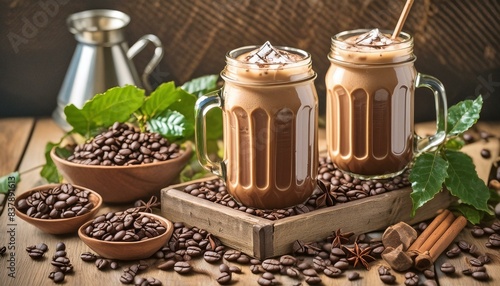 A pair of tasty homemade organic cold brew batch ice coffee drinks, mocha latte, with ingredients.