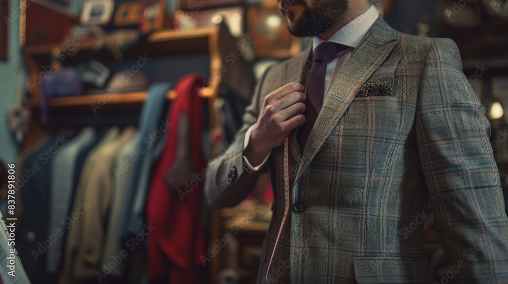 Fototapeta premium Man adjusting checkered suit jacket in elegant tailor shop full of stylish clothing