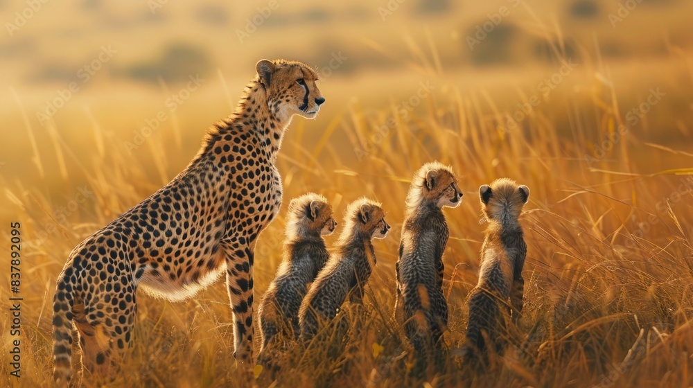 Cheetah and her four cubs standing in golden grassland under warm sunlight. Majestic wildlife family scene in the African savanna. Nature's beauty. Cheetah and her four cubs standing in golden grassland under warm sunlight. Majestic wildlife family scene in the African savanna. Nature's beauty.