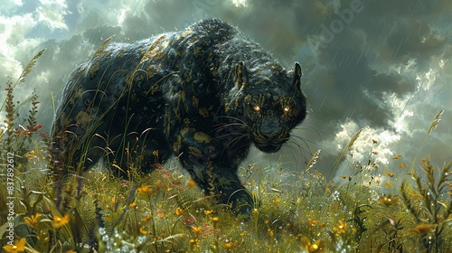 A fierce yet beautiful manticore stalking through a field of tall grass and wildflowers, its eyes glowing with a predatory intensity, under a stormy sky. shiny, Minimal and Simple, photo