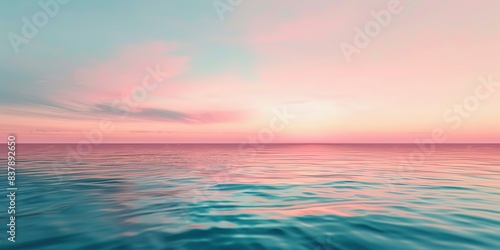 A pink and blue beach with waves  a pastel sky  a sunset in the background  a view of an ocean