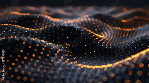 Digital landscape with glowing orange particles on dark waves