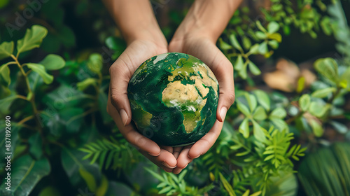 The globe in the palm of the hand represents the protection of the forest environment.