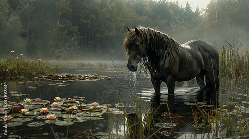A serene kelpie standing in a misty lake surrounded by water lilies and reeds, its mane dripping with water, with a dense forest in the background. shiny, Minimal and Simple, photo