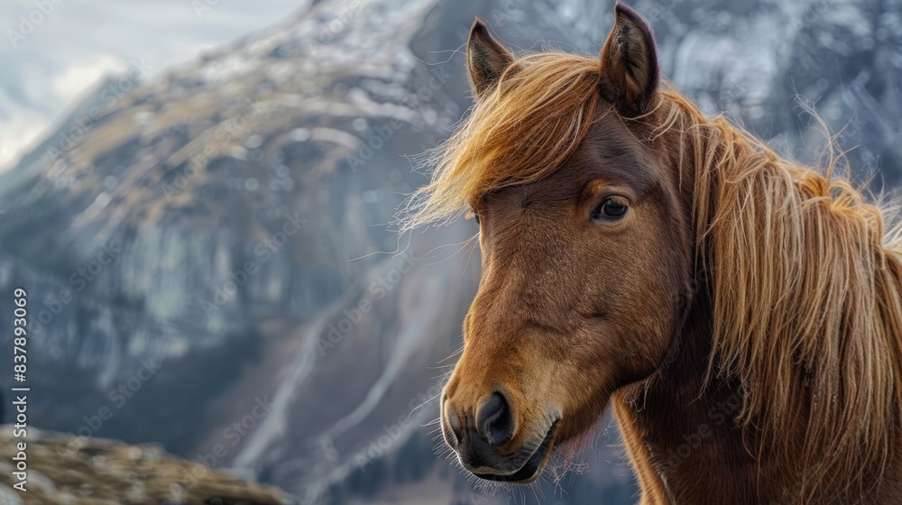 Fototapeta premium Majestic brown horse with long mane in front of beautiful mountain backdrop. The horse looks intently at the camera, framed by scenic natural beauty.