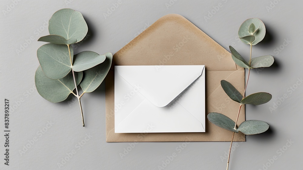 a blank white card mockup nestled inside an envelope, set against a gray background in a flat lay composition, adorned with eucalyptus leaves, in a minimalistic style. a blank white card mockup nestled inside an envelope, set against a gray background in a flat lay composition, adorned with eucalyptus leaves, in a minimalistic style.