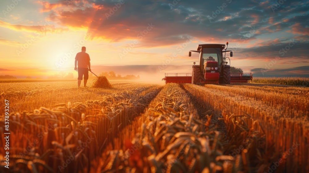 Fototapeta premium Farmer in Wheat Field at Sunrise with Combine Harvester