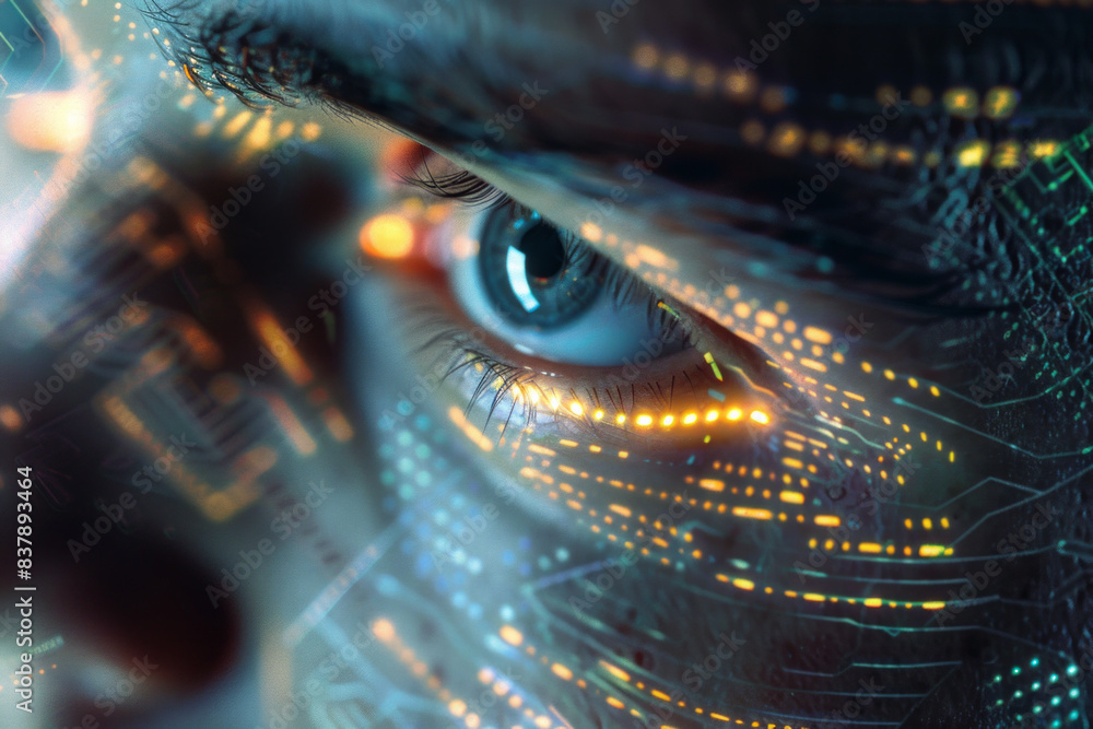 A closeup of a man face with futuristic digital symbols, lines illuminating his face, focus on his pupils A closeup of a man face with futuristic digital symbols, lines illuminating his face, focus on his pupils