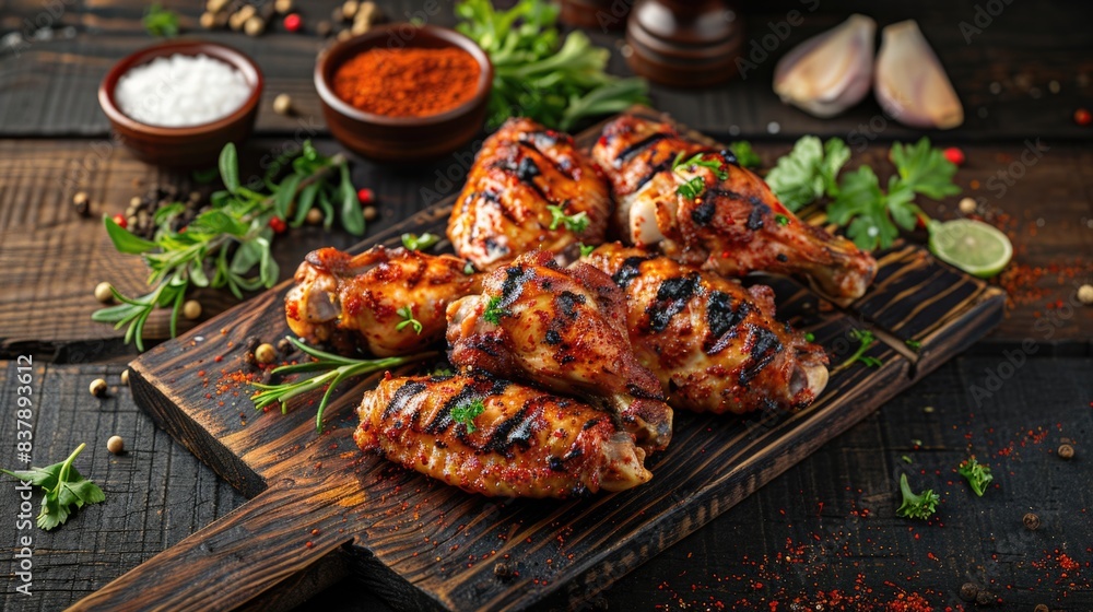 Grilled chicken wings and spices on a wooden table Grilled chicken wings and spices on a wooden table