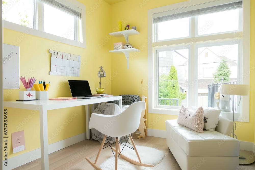 A bright yellow room with a desk and chair, a potted plant, and a bookshelf A bright yellow room with a desk and chair, a potted plant, and a bookshelf