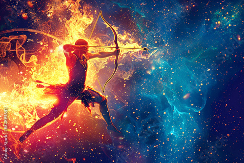 Sagittarius archer aiming bow in a vibrant, fiery cosmic scene.