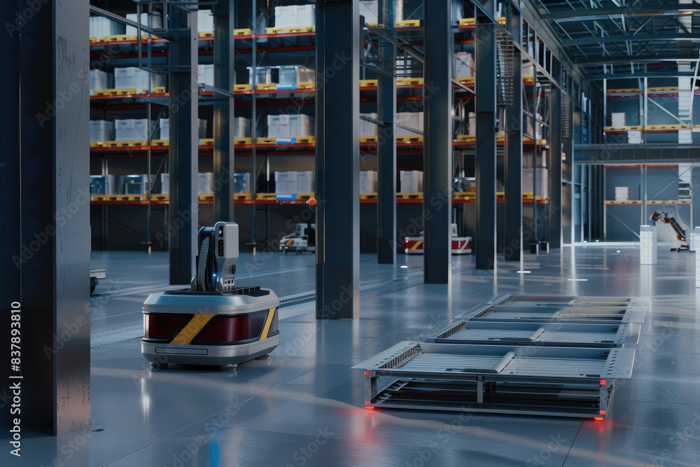 Obraz premium A yellow robot is in a warehouse with boxes