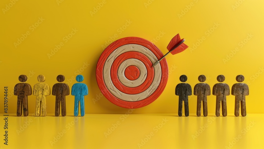 Wooden arrow target and wooden man on yellow background Wooden arrow target and wooden man on yellow background