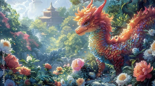 A vibrant qilin standing amidst a garden of peonies and chrysanthemums, its scales glistening in the sunlight, with an ancient pagoda in the distance. shiny, Minimal and Simple, photo