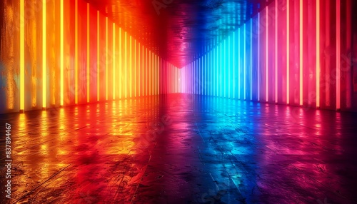 Create a realistic image of a long, dark hallway with bright, colorful neon lights on the walls