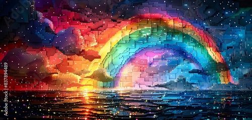 A beautiful pixelated landscape with a rainbow over the ocean