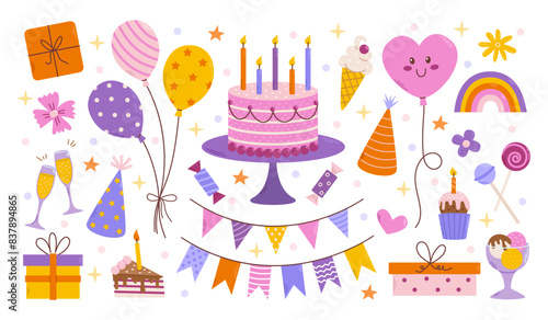 Birthday decorative elements set. Different party objects, colorful holiday items, gift, cake, ballon and garlands, vector flat illustration