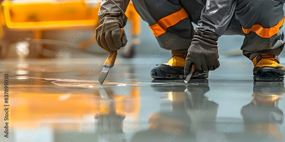 © Anastasiia - Worker applying gray epoxy resin to fresh floor for finishing touch. Concept Epoxy Resin Application, Industrial Flooring, Construction Worker, Finish Touch, Gray Color © Anastasiia - Worker applying gray epoxy resin to fresh floor for finishing touch. Concept Epoxy Resin Application, Industrial Flooring, Construction Worker, Finish Touch, Gray Color