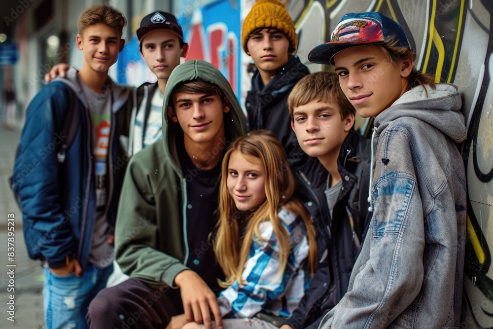 Group of teenagers posing in the street. Looking at camera. Group of teenagers posing in the street. Looking at camera.