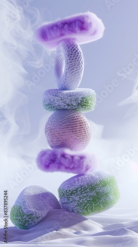  3d render like stacked plush fluffy geometric shapes on a white background, greens pinks and purples