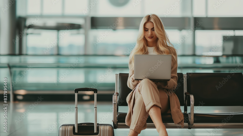 A businesswoman sits in an airport terminal, working on her laptop. She is dressed in a stylish beige pantsuit. Her luggage sits beside her, suggesting she is waiting for a flight. The airport is A businesswoman sits in an airport terminal, working on her laptop. She is dressed in a stylish beige pantsuit. Her luggage sits beside her, suggesting she is waiting for a flight. The airport is