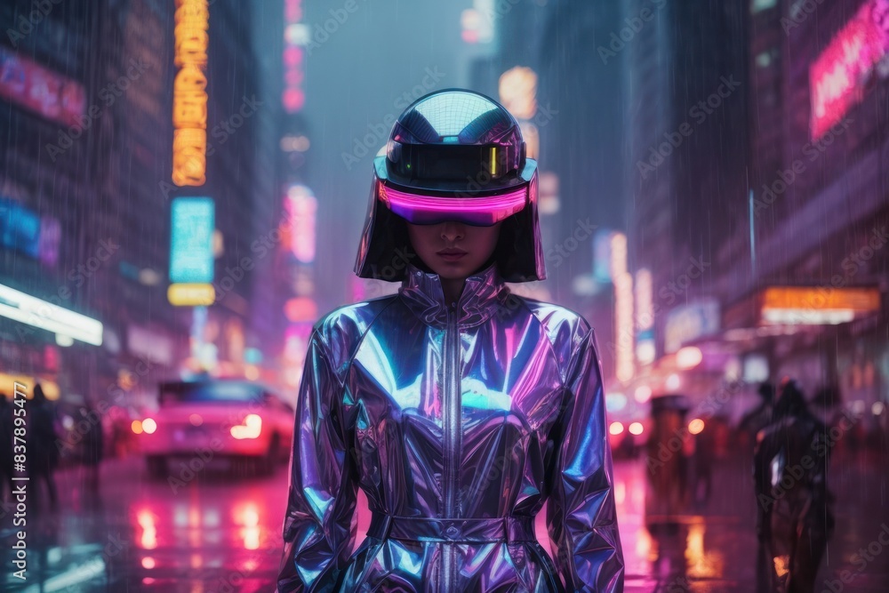 Futuristic person in neon-lit city street at night Futuristic person in neon-lit city street at night