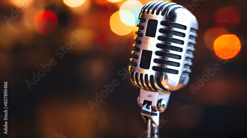 Vintage microphone on a stand against a background of blurred lights. photo