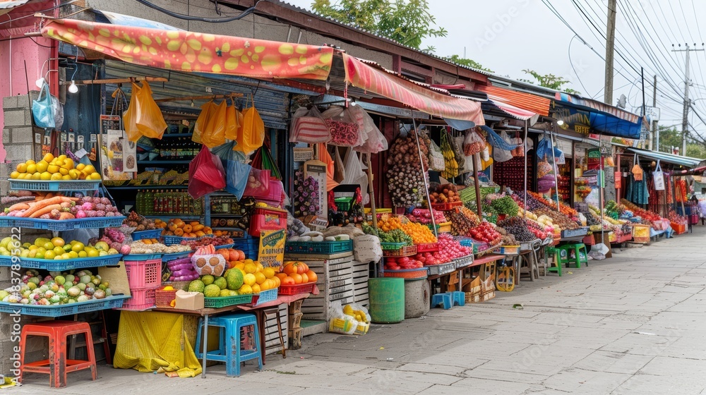 Fototapeta premium Bustling urban market with diverse stalls and vibrant colors, showcasing the dynamic lifestyle and cultural diversity, isolated white background, copy space