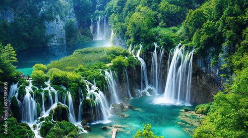 breathtaking view of the Cascading waterfalls and turquoise lakes in Plitvice