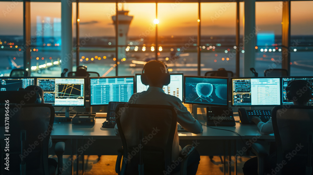 Two airport control center workers are working diligently at their stations. The worker on the left is using a keyboard and mouse to monitor aircraft traffic, while the worker on the right is looking Two airport control center workers are working diligently at their stations. The worker on the left is using a keyboard and mouse to monitor aircraft traffic, while the worker on the right is looking