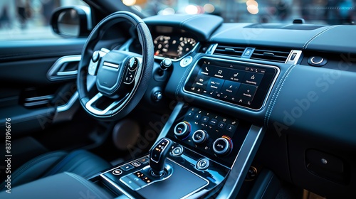 Modern car interior with leather seats, steering wheel and dashboard. © Atchariya63