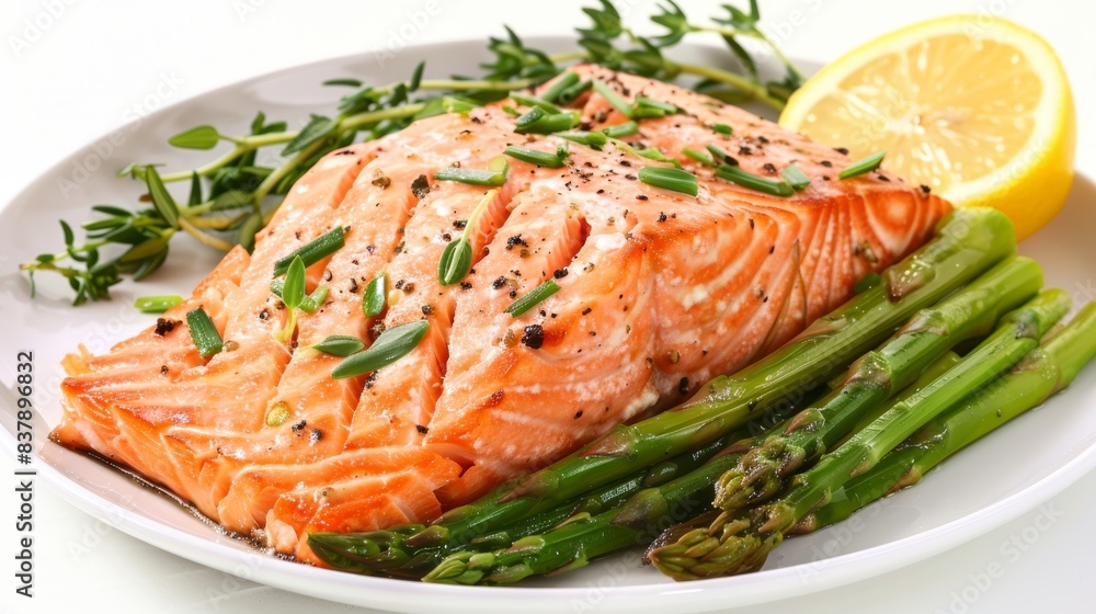 Baked organic salmon with a side of fresh asparagus and lemon, highlighting a healthy and delicious recipe, isolated white background, copy space Baked organic salmon with a side of fresh asparagus and lemon, highlighting a healthy and delicious recipe, isolated white background, copy space