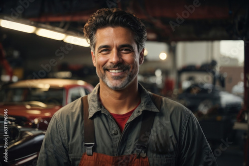 Smiling mechanic in a busy workshop © Tanja