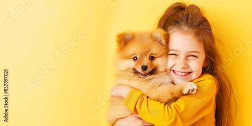 Smiling girl hugging a fluffy Pomeranian puppy against a yellow background. © Jane_S