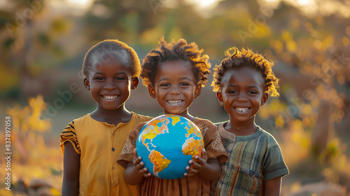 Three smiling African children hold a globe, symbolizing unity and a shared future. photo