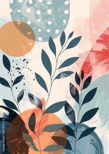 Calming Boho Wall Art: Minimalist Nature Illustration, Colour Blocking, Arabesque, Vexel Art, Pixelated Mosaic in Soft Pastel Tones