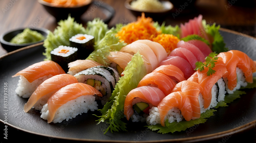 Sushi combines vinegared rice with various toppings, including raw fish. Sashimi is thinly sliced raw fish served without rice Sushi combines vinegared rice with various toppings, including raw fish. Sashimi is thinly sliced raw fish served without rice