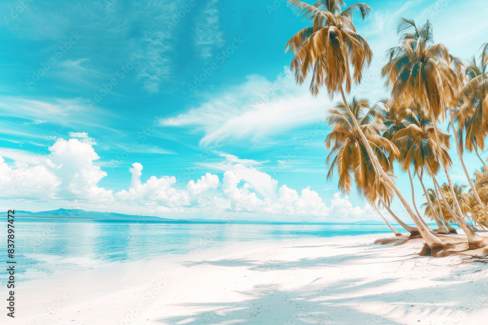 Obraz premium Scenic tropical beach with palm trees and clear blue sky.