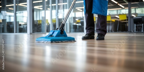 Closeup of cleaning worker mopping office floor. Concept Cleaning Worker, Mopping, Office, Closeup Shot, Hygiene