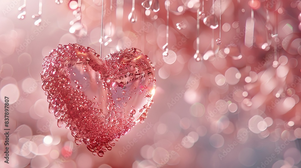 Fototapeta premium Pink crystal heart with sparkling bokeh background