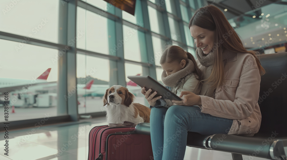 A woman and a child are seated in an airport terminal, each holding a small dog. The woman is smiling and looking down at her dog, while the child is looking at a tablet device. There is a large