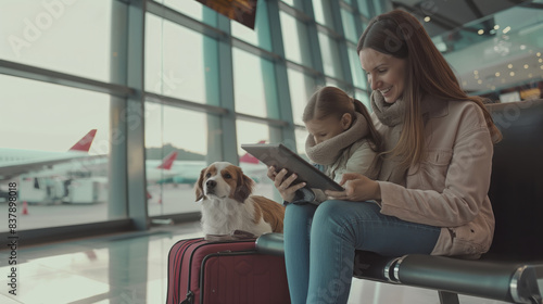 Obraz na płótnie A woman and a child are seated in an airport terminal, each holding a small dog. The woman is smiling and looking down at her dog, while the child is looking at a tablet device. There is a large w salonie
