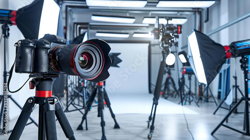 Photography studio with lighting and camera equipment for a photo shoot