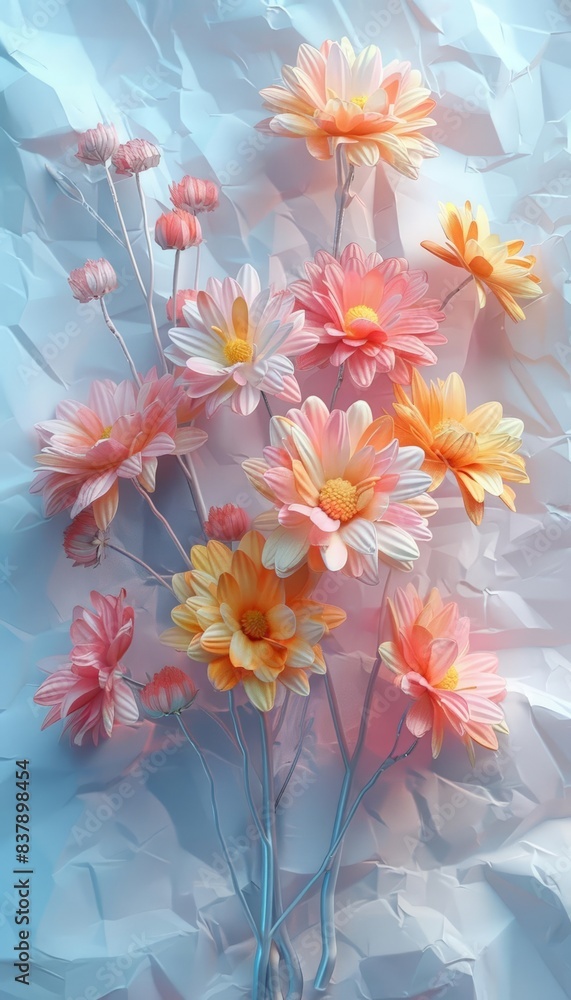 Obraz premium 3d realistic a Pink and yellow chrysanthemum bouquet of textured metal origami